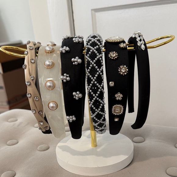 Accessories - Embellished Pearl & Crystal Headband Set - Black, Cream, Ivory